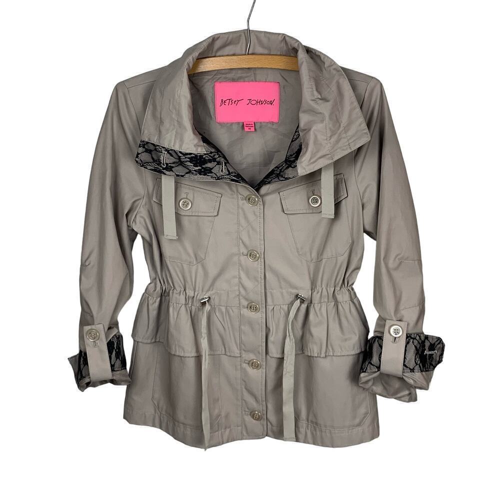 Betsey Johnson Khaki Cropped Trench Coat Size XS Funnel Neck